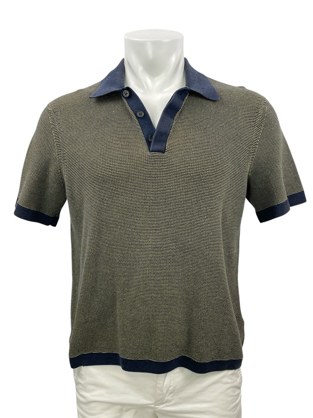 COS Men's Olive Green Short Sleeves Knit Collared V-neck Polo Shirt Top Size M